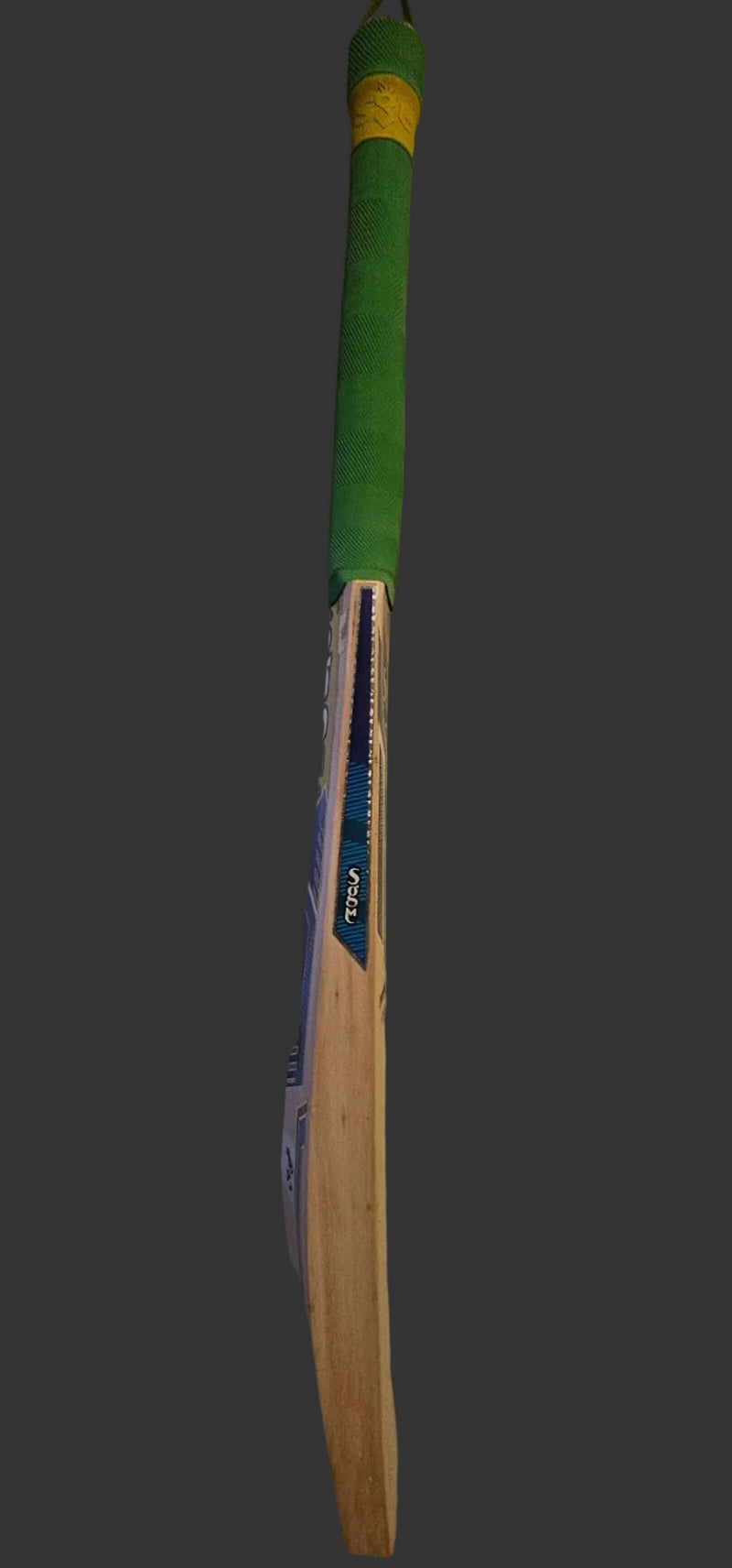 Premium cricket bats made from Grade 2 English willow, showcasing side view and unique grip design.