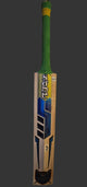 Cricket bat with a green handle and wooden head on a white surface