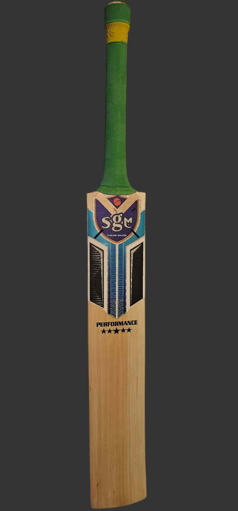 Wooden cricket bat with green handle on a white surface